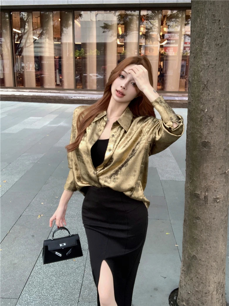 ADAgirl Y2k Golden Color Shirt Female Long Sleeve Luxury Elegant Blouse Women  Button Up Oversized Casual Spring Autumn Top Chic