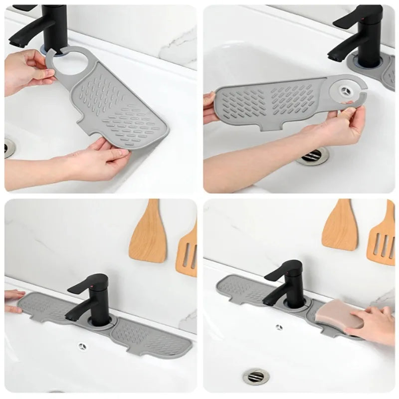 Kitchen Sink Splash Drain Mat Silicone Faucet Handle Drip Catcher Tray Dish Soap Dispenser&Sponge Holder Mat Sink Accessories