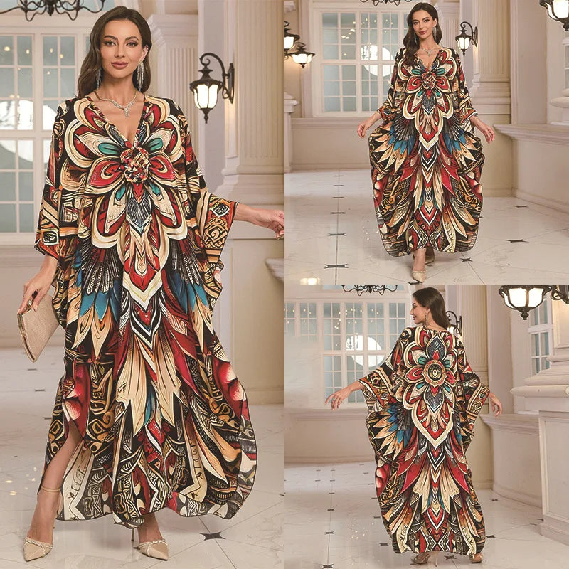 Kaftan Dresses for Women Wave Neck Swimsuit Cover Up Caftan Dress Plus Size Oversized Long Beach Dress