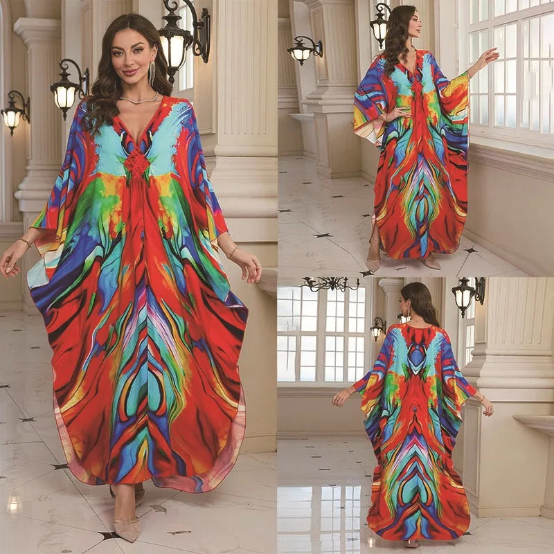 Kaftan Dresses for Women Wave Neck Swimsuit Cover Up Caftan Dress Plus Size Oversized Long Beach Dress