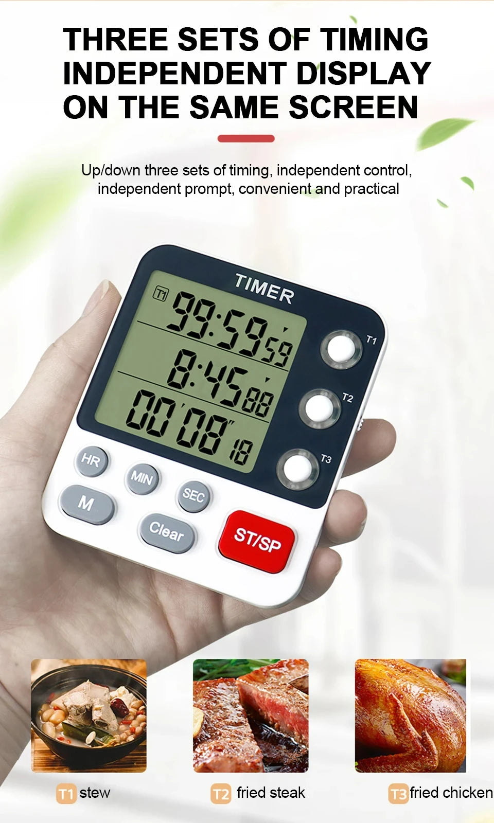 Digital Kitchen Timer 3 Channels Count UP/Down Timer 3 Levels Volume Alarm Clock  LCD Display Mute Flashing Timer for Studying