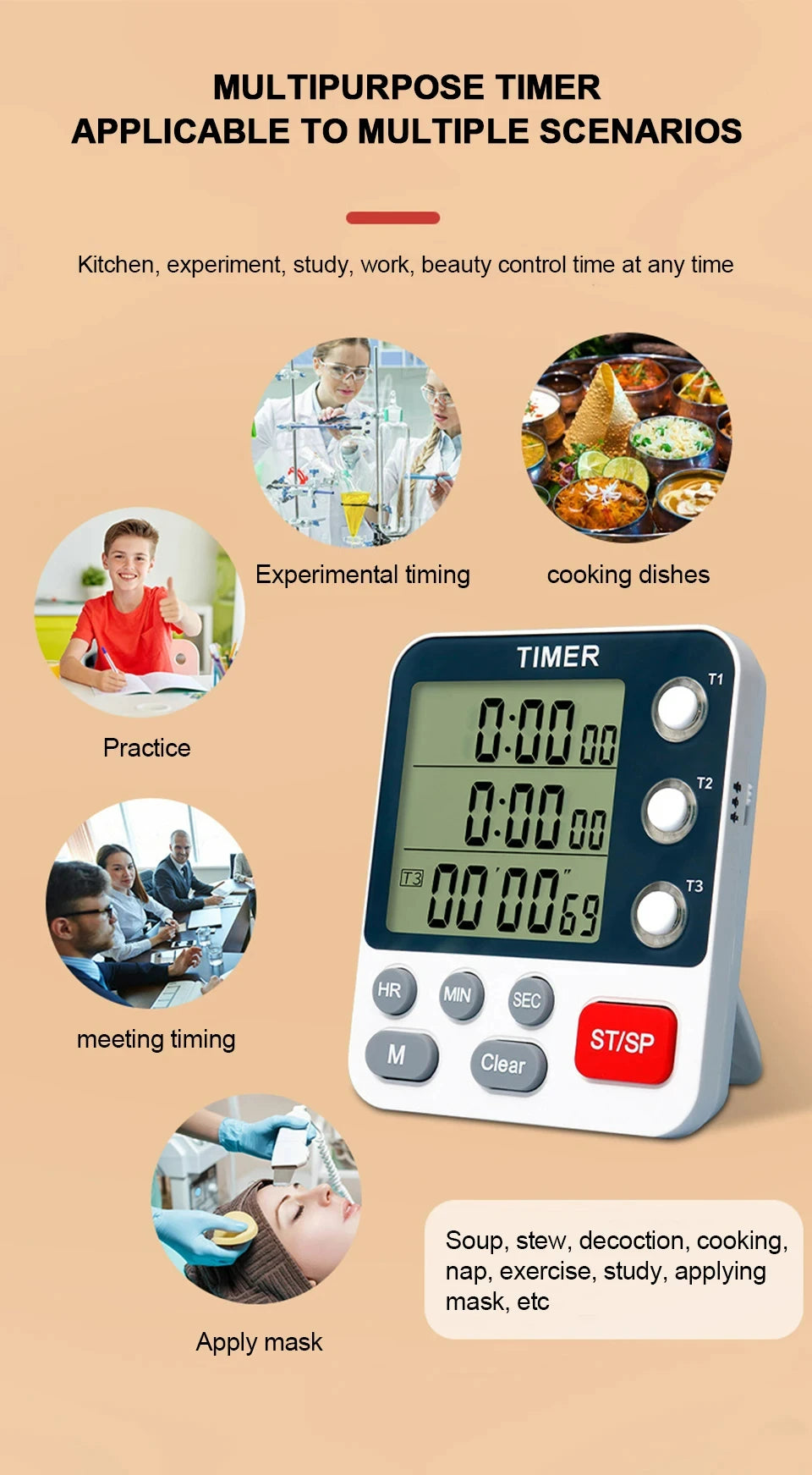 Digital Kitchen Timer 3 Channels Count UP/Down Timer 3 Levels Volume Alarm Clock  LCD Display Mute Flashing Timer for Studying