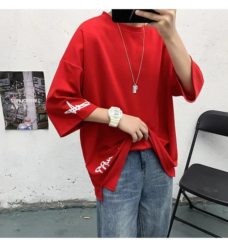 Fashion Solid Color Printed Asymmetrical T-Shirt Men Clothing 2023 Spring New Oversized Casual Pullovers Loose Korean Tee Shirt