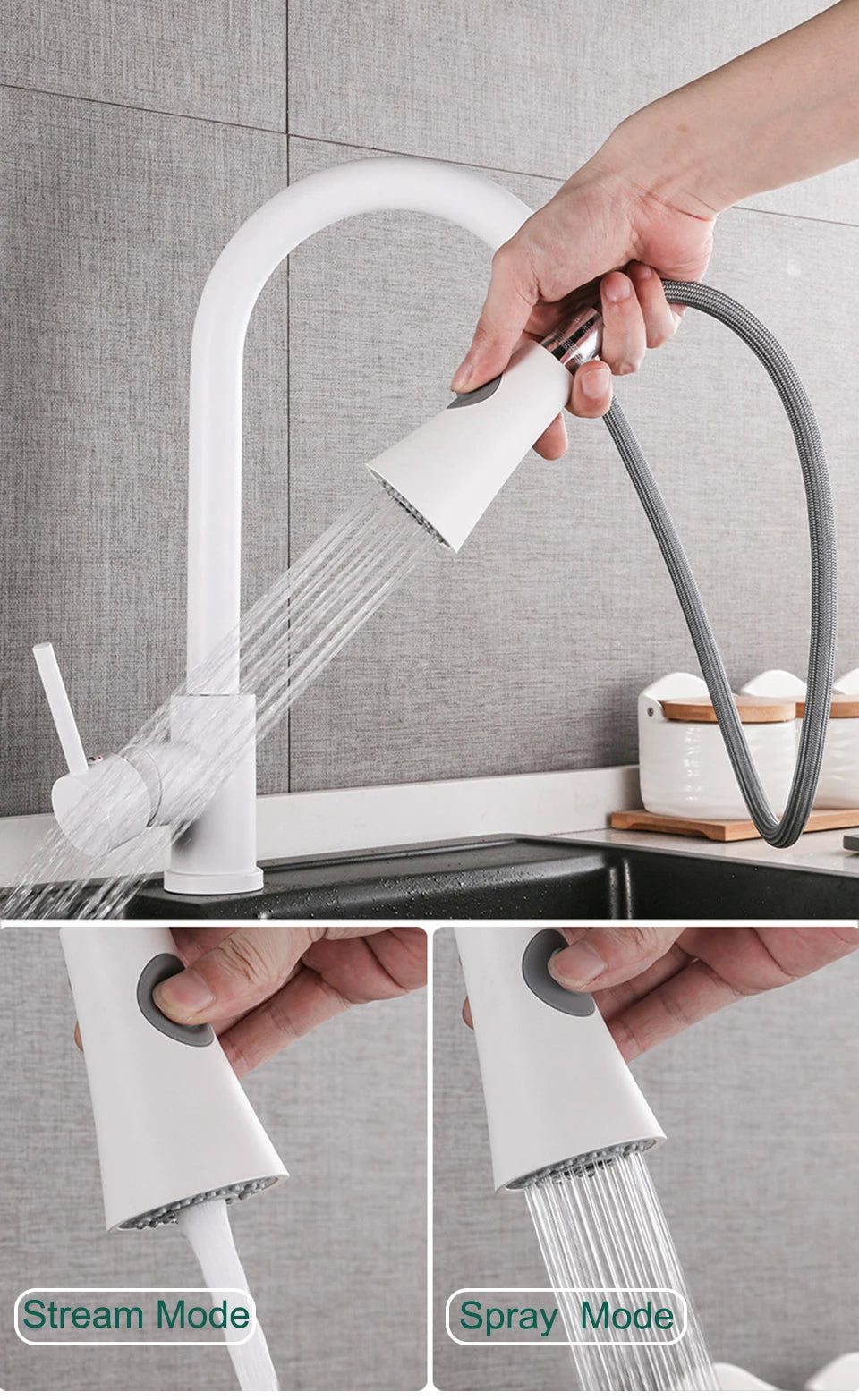 Black/Matte White Kitchen Faucet Single Hole Pull Out Stream Sprayer Head Sink Mixer Tap Deck Mounted Cold Hot Water Chrome Tap