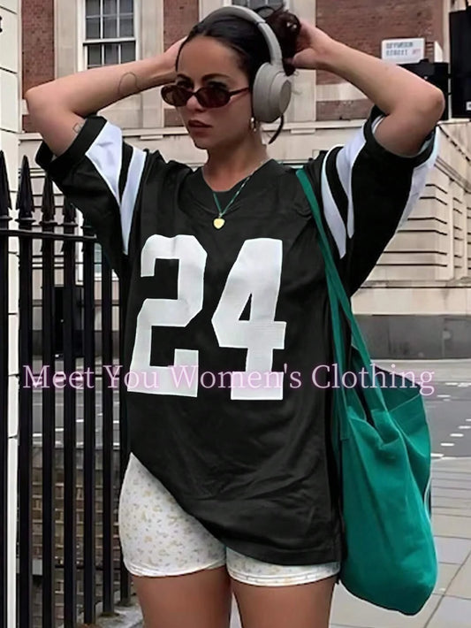 Women Number 24Print Round Neck Short Sleeve T-Shirt Summer 3 colorsTee Baseball Jerseys Stripe Oversized Sport T-Shirt