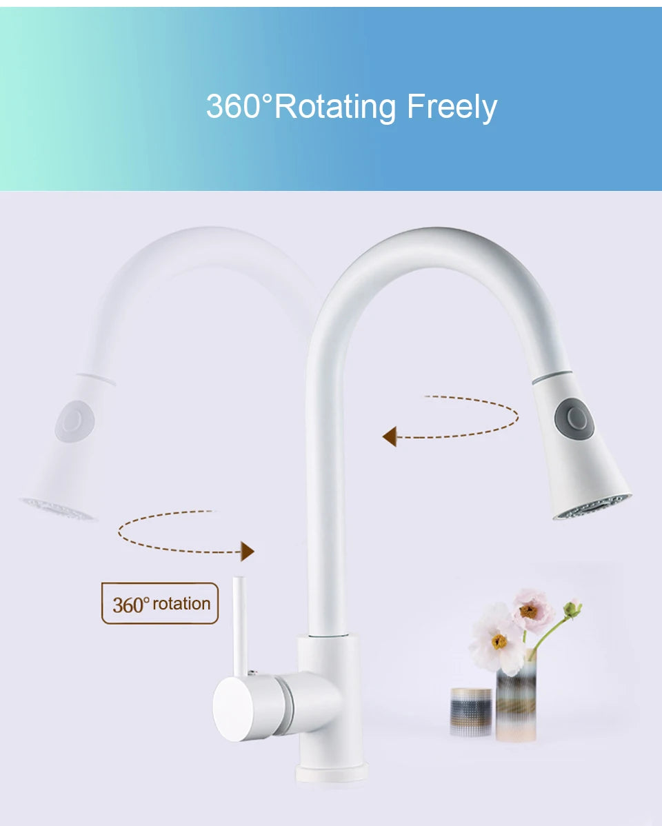 Black/Matte White Kitchen Faucet Single Hole Pull Out Stream Sprayer Head Sink Mixer Tap Deck Mounted Cold Hot Water Chrome Tap