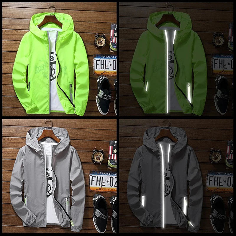 Mens Women Reflective Jacket DIY Custom Design Logo Windbreaker Zipper Jackets Coat Sunscreen Jacket Sports Pilot Oversized 7XL