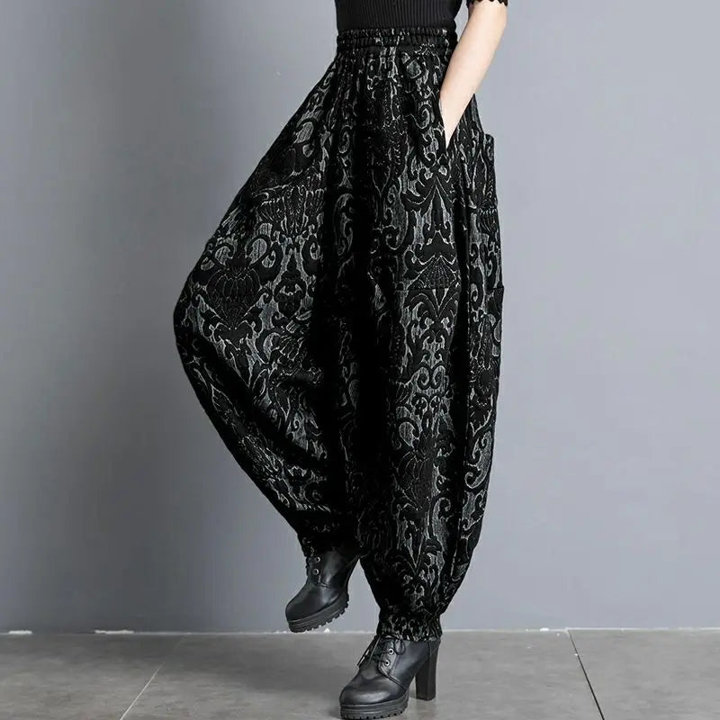 New Draping winter Jacquard Bloomers Women Casual Loose High Waist Vintage Wide Leg Harlan Pants Oversized Mom Pants trousers