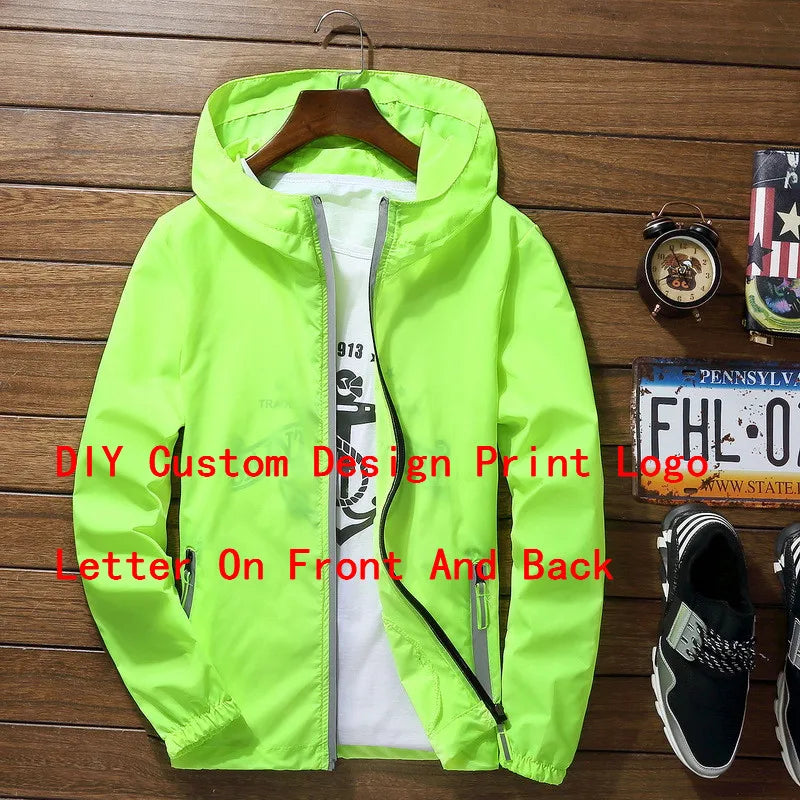Mens Women Reflective Jacket DIY Custom Design Logo Windbreaker Zipper Jackets Coat Sunscreen Jacket Sports Pilot Oversized 7XL