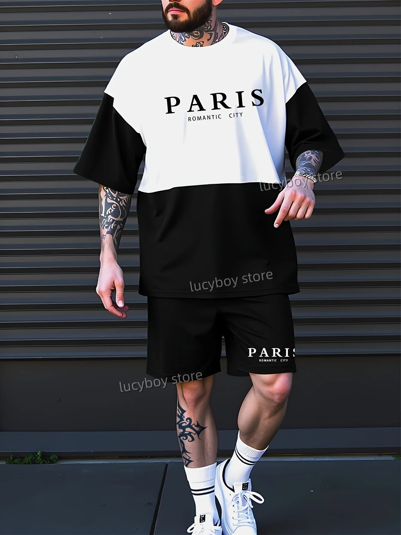 ROMANTIC CITY PARIS Printed Sport T-shirt+shorts Suit Set Men Male Luxury Tracksuit Outfit Summer Oversized 2 Piece Set Clothes