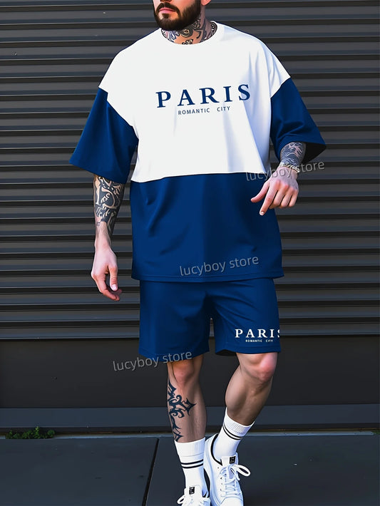 ROMANTIC CITY PARIS Printed Sport T-shirt+shorts Suit Set Men Male Luxury Tracksuit Outfit Summer Oversized 2 Piece Set Clothes