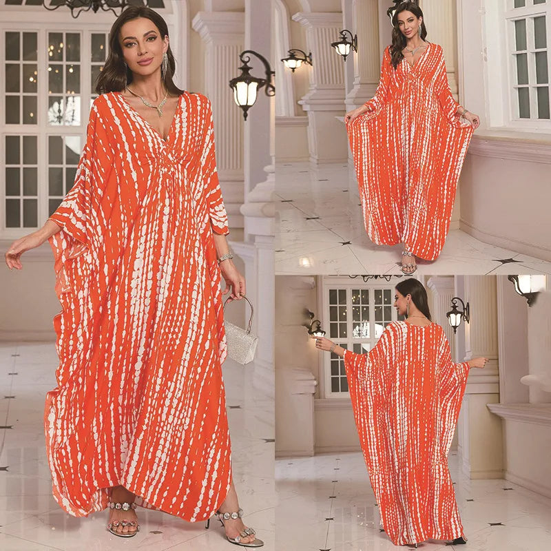Kaftan Dresses for Women Wave Neck Swimsuit Cover Up Caftan Dress Plus Size Oversized Long Beach Dress