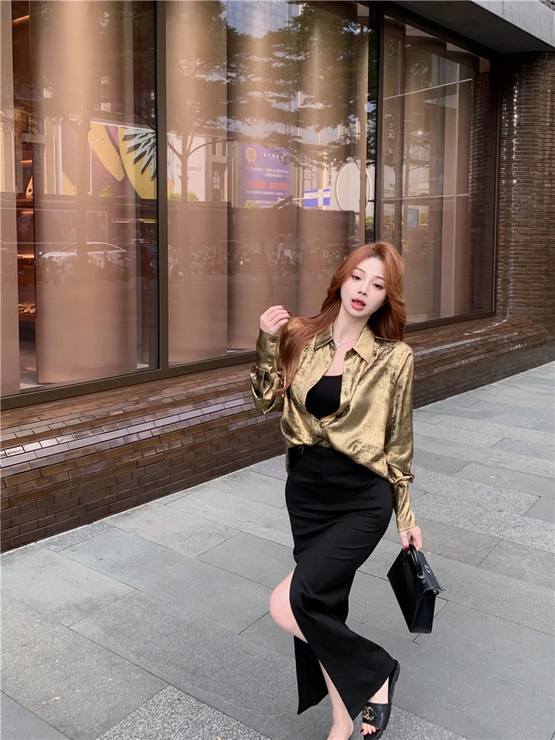 ADAgirl Y2k Golden Color Shirt Female Long Sleeve Luxury Elegant Blouse Women  Button Up Oversized Casual Spring Autumn Top Chic