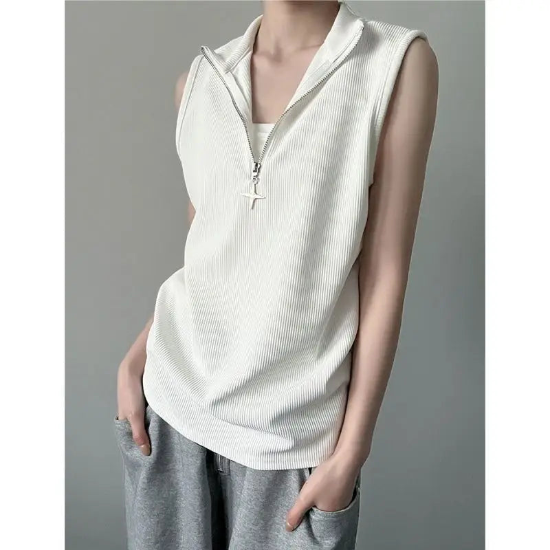 Oversized T Shirts Women Clothing Turtleneck Sleeveless Zipper Y2k Tops 2025 Ropa Mujer Summer Tees Casual Fashion Black T-shirt