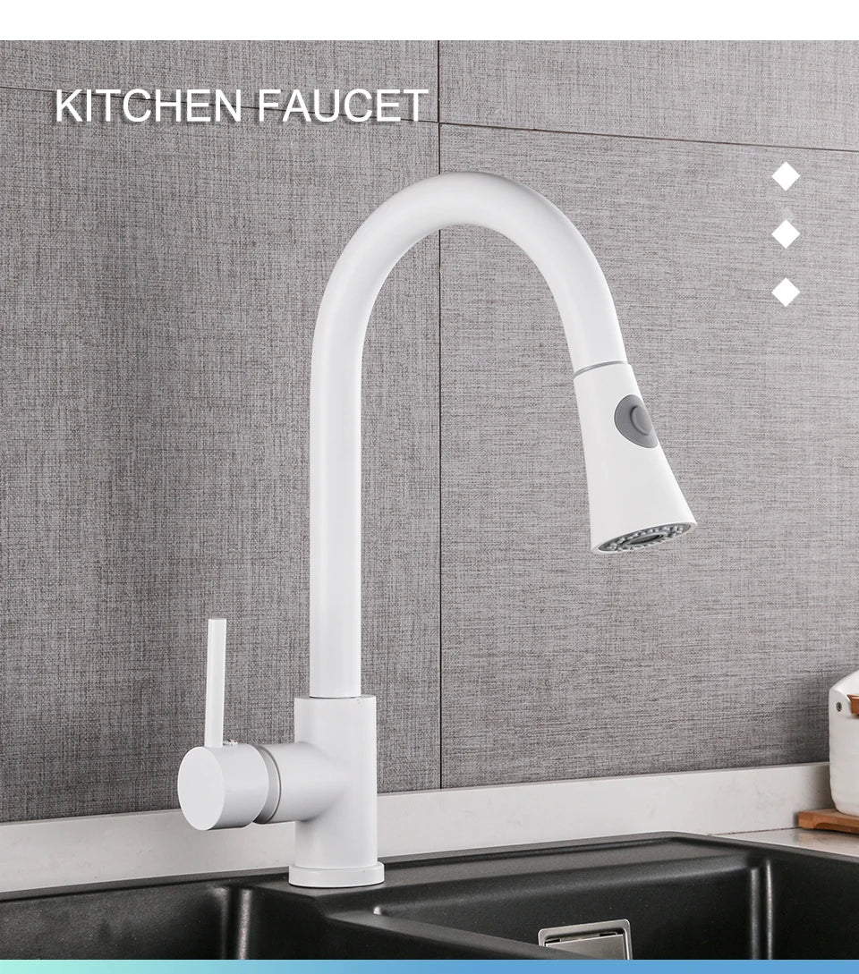 Black/Matte White Kitchen Faucet Single Hole Pull Out Stream Sprayer Head Sink Mixer Tap Deck Mounted Cold Hot Water Chrome Tap