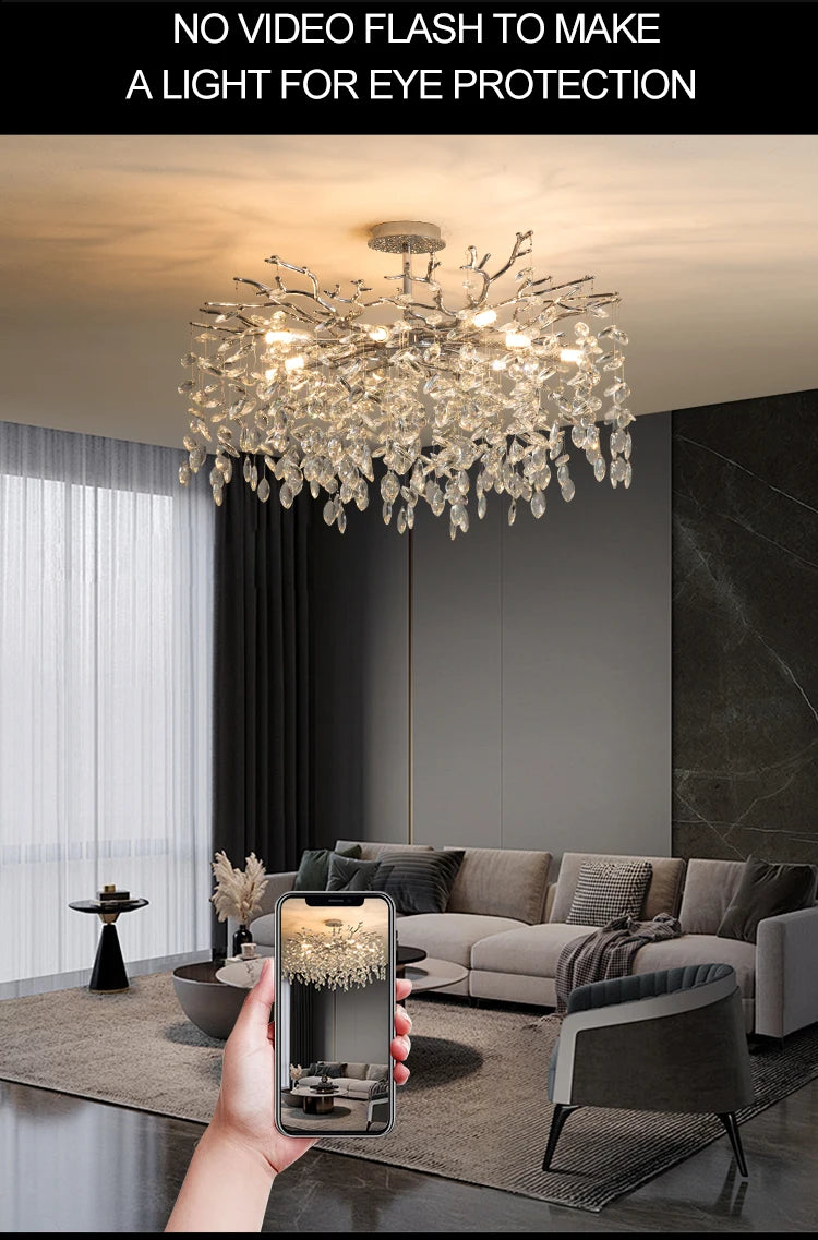 Round Chrome K9 Crystal Ceiling Chandelier For Bedroom Living Dining Room Kitchen Table Modern Crystal Branch Pendant Chandelier