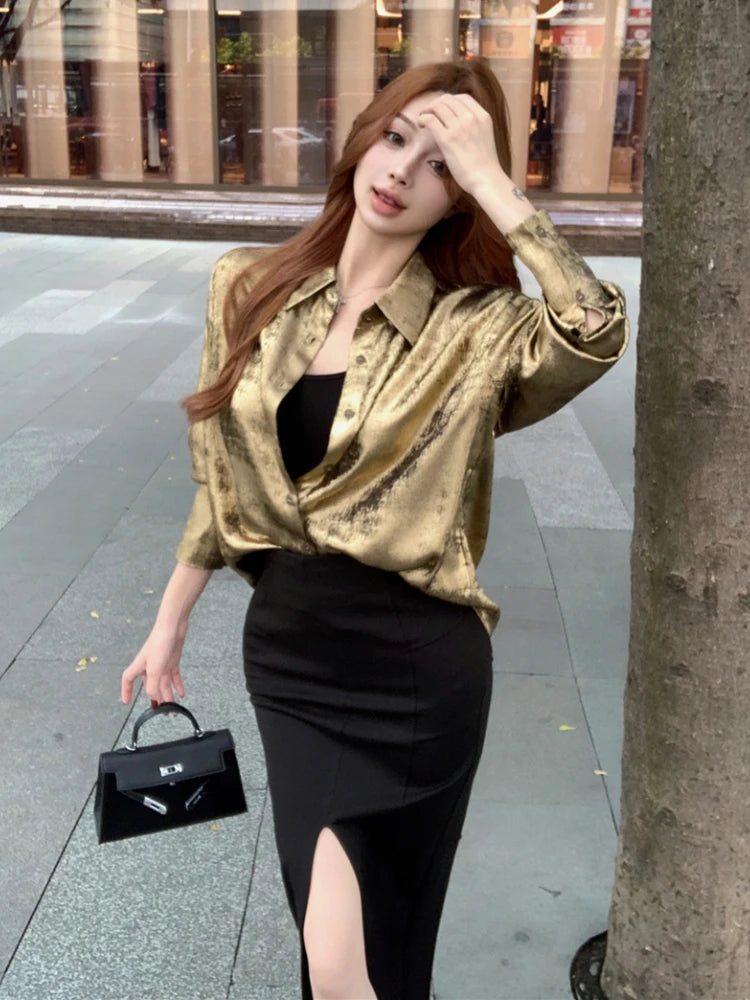 ADAgirl Y2k Golden Color Shirt Female Long Sleeve Luxury Elegant Blouse Women  Button Up Oversized Casual Spring Autumn Top Chic