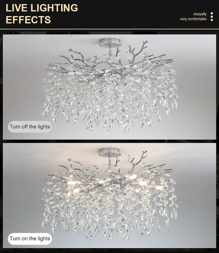 Round Chrome K9 Crystal Ceiling Chandelier For Bedroom Living Dining Room Kitchen Table Modern Crystal Branch Pendant Chandelier