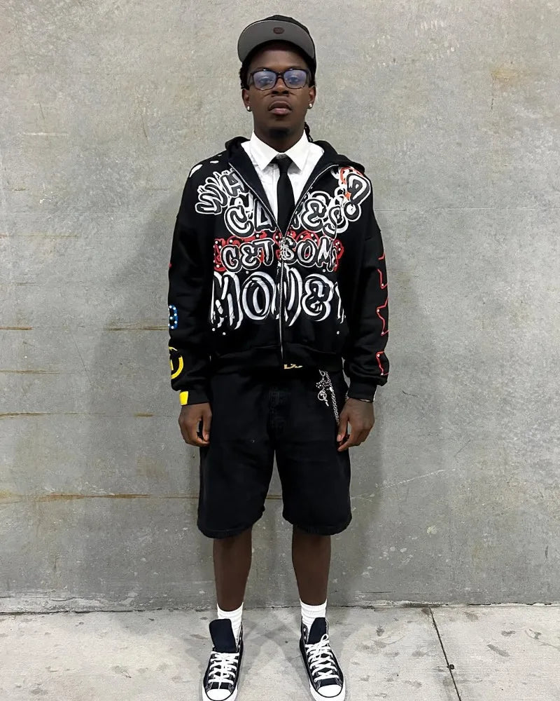 American Trendy Brands High Street Loose Casual Cartoon Printed Zipper Hoodie Men Y2k Hip-hop Rock Oversized Sweatshirt Women