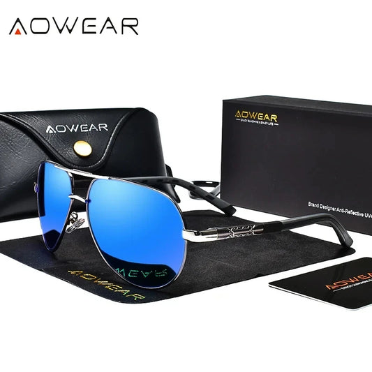 AOWEAR Aviation Luxury Sunglasses Men Polarized Oversized Driving Mirror Glasses Male Brand Designer Retro Eyewear with Case