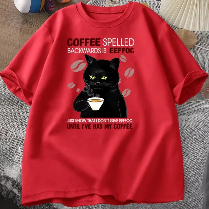 Coffee Spelled Backwards Cat T-shirt Funny Cute Graphic Tees Summer Unisex ONcek T Shirt Oversized Womens Clothes Oversized