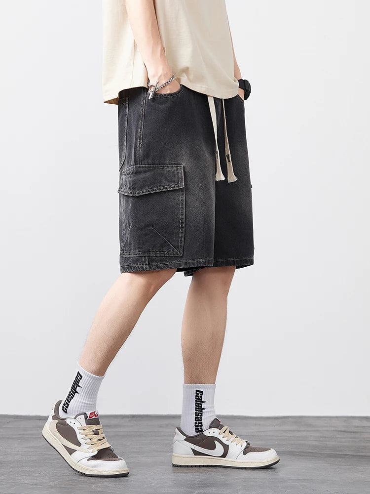 Men's Oversized Denim Shorts Summer Anti-Chafing Mid Waist Stretch Cargo Shorts Youth Hip Hop Beach Streetwear Sizes M-5XL