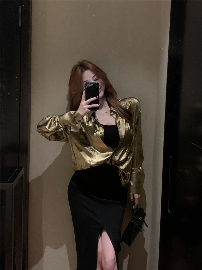 ADAgirl Y2k Golden Color Shirt Female Long Sleeve Luxury Elegant Blouse Women  Button Up Oversized Casual Spring Autumn Top Chic