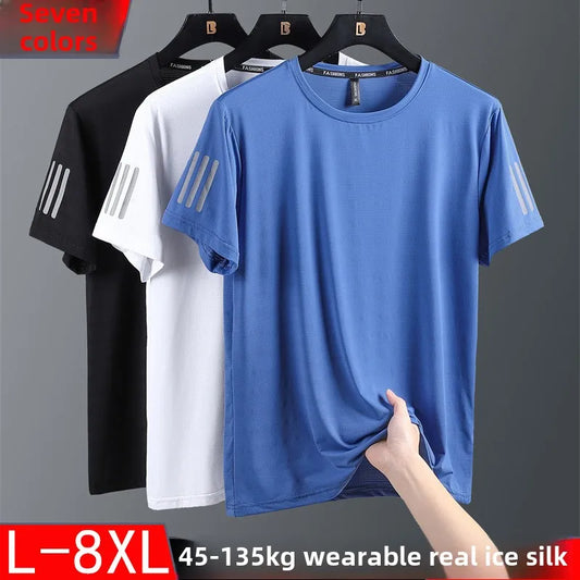 Summer Thin Ice Silk T-Shirt For Men Crew Neck Short Sleeve Casual Soft Fitness Tops Plain Oversized Tees
