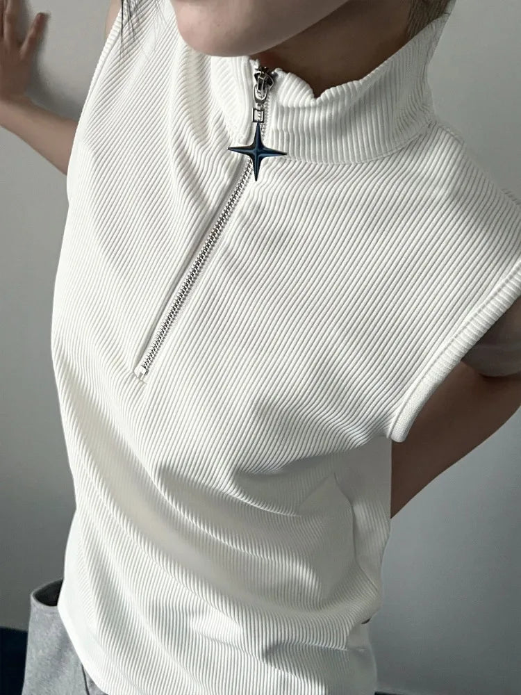 Oversized T Shirts Women Clothing Turtleneck Sleeveless Zipper Y2k Tops 2025 Ropa Mujer Summer Tees Casual Fashion Black T-shirt