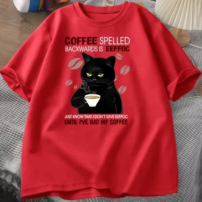Coffee Spelled Backwards Cat T-shirt Funny Cute Graphic Tees Summer Unisex ONcek T Shirt Oversized Womens Clothes Oversized