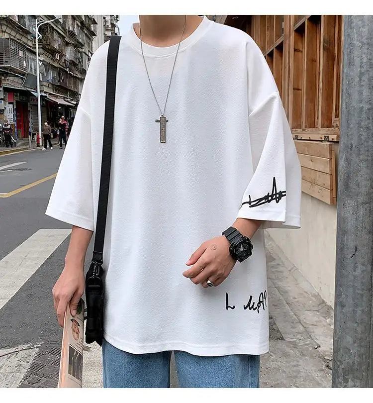 Fashion Solid Color Printed Asymmetrical T-Shirt Men Clothing 2023 Spring New Oversized Casual Pullovers Loose Korean Tee Shirt