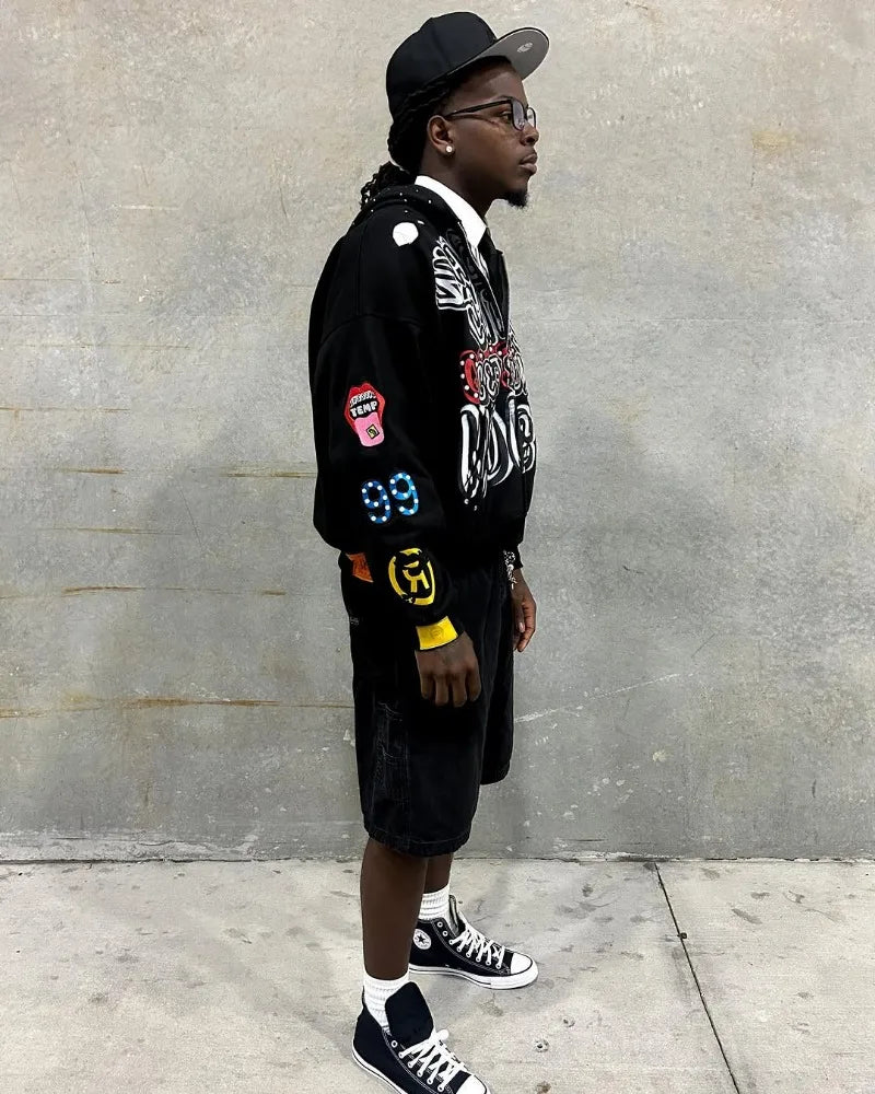 American Trendy Brands High Street Loose Casual Cartoon Printed Zipper Hoodie Men Y2k Hip-hop Rock Oversized Sweatshirt Women