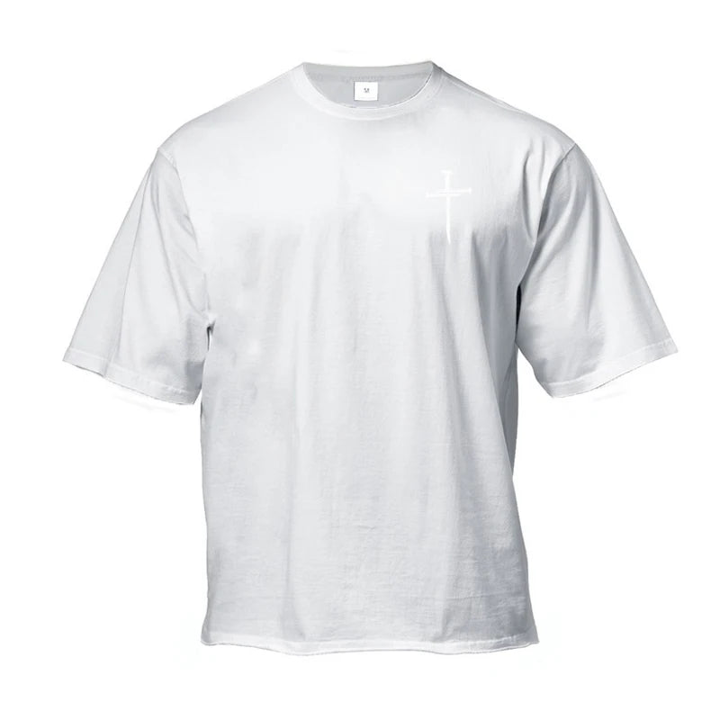 Personalized Cross Print Mens Fitness T-shirts Oversized Loose Short Sleeve Cotton Breathable Shirt Gym Bodybuilding Muscle Tops