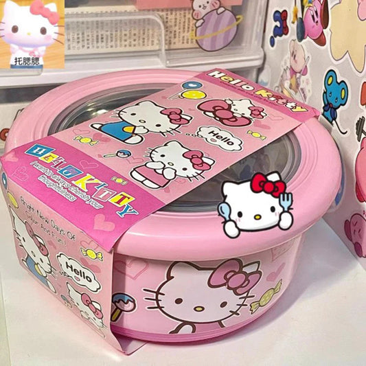 Sanrio Hello Kitty Stainless Steel Ramen Bowl With Lid Cute Large Instant Noodles Fruit Salad Rice Soup Bowl Kitchen Tableware