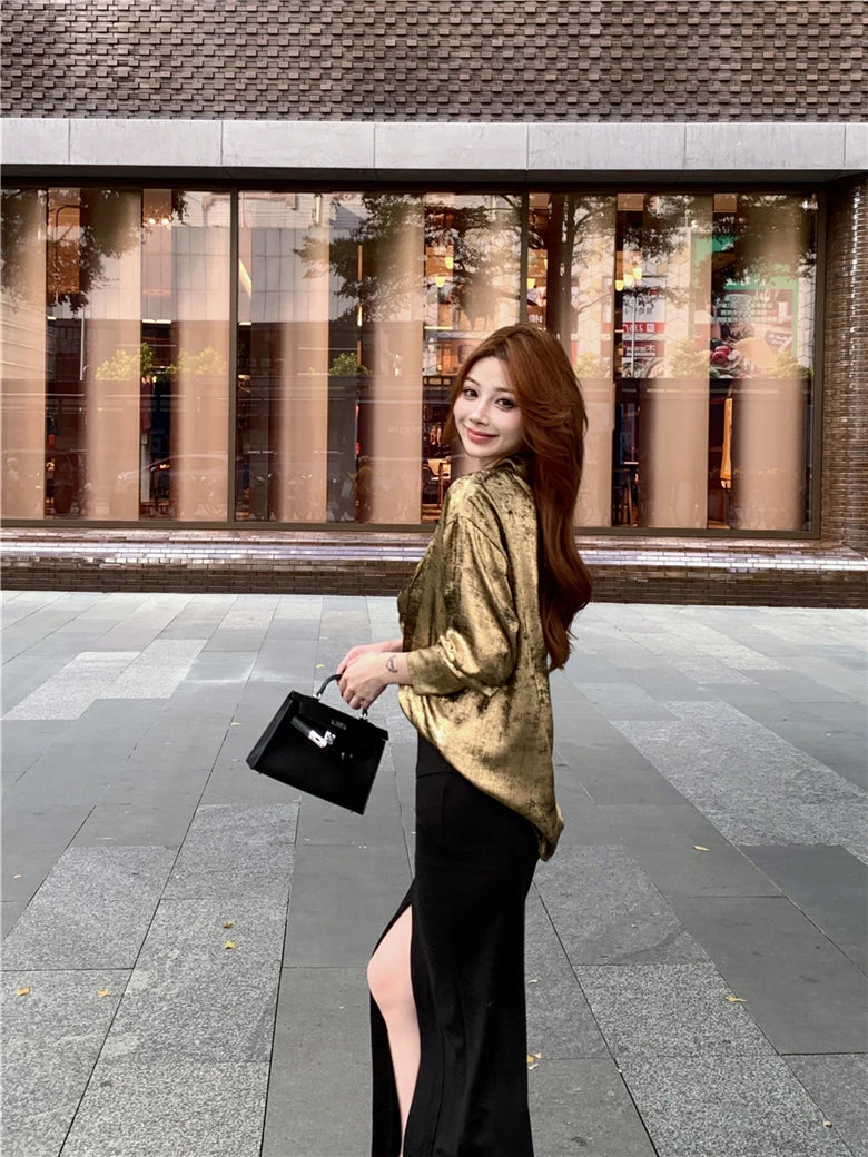 ADAgirl Y2k Golden Color Shirt Female Long Sleeve Luxury Elegant Blouse Women  Button Up Oversized Casual Spring Autumn Top Chic