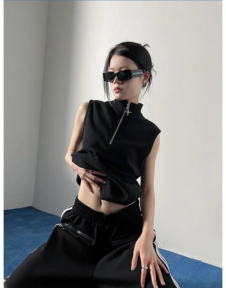 Oversized T Shirts Women Clothing Turtleneck Sleeveless Zipper Y2k Tops 2025 Ropa Mujer Summer Tees Casual Fashion Black T-shirt
