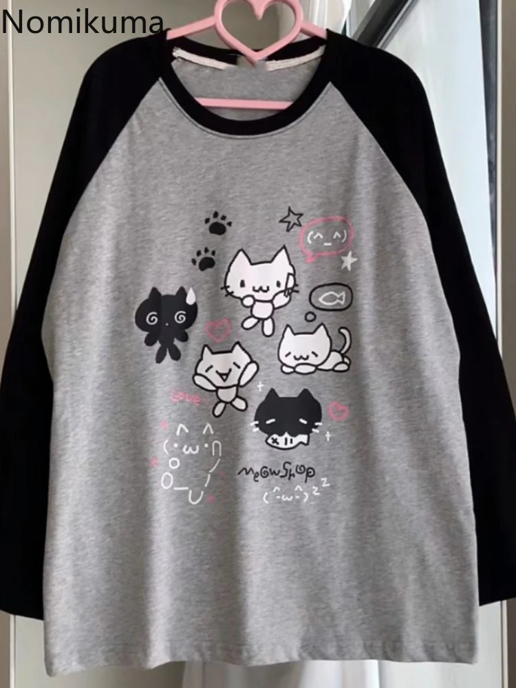 Cotton Cat Print Hoodies Women Streetwear Chic Long Sleeve Sweatshirts Casual Korean Oversized Hoodie Y2k Tops 2025 Ropa Mujer